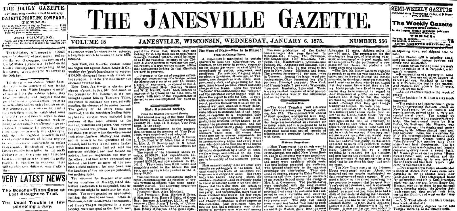 Masthead for The Janesville Gazette, January 6, 1875