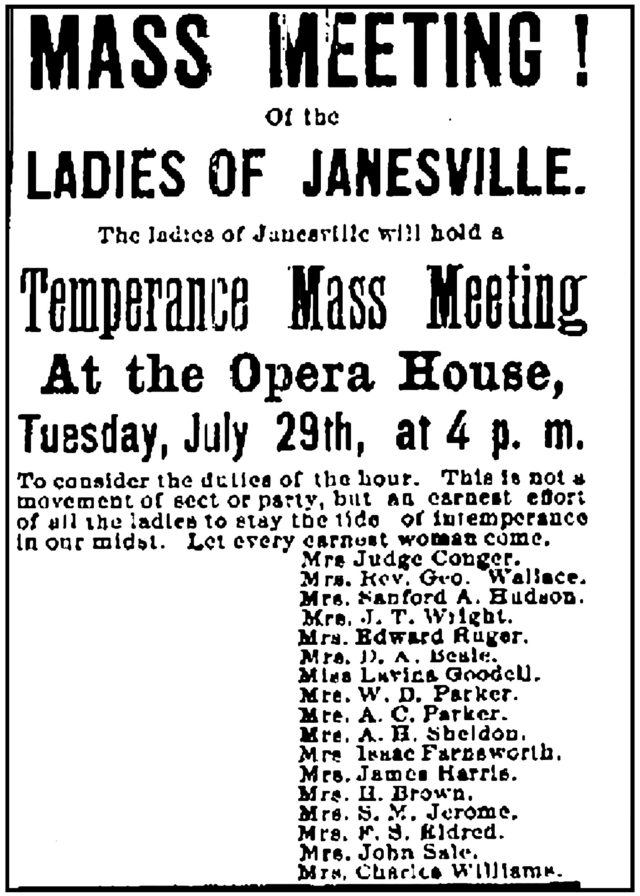 Ad in the Janesville Gazette which begins Mass Meeting! of the Ladies of Janesville.