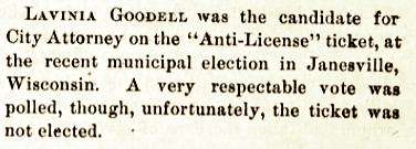 The Women's Journal ran this notice about Lavinia's run for Janesville City Attorney on April 17, 1875.