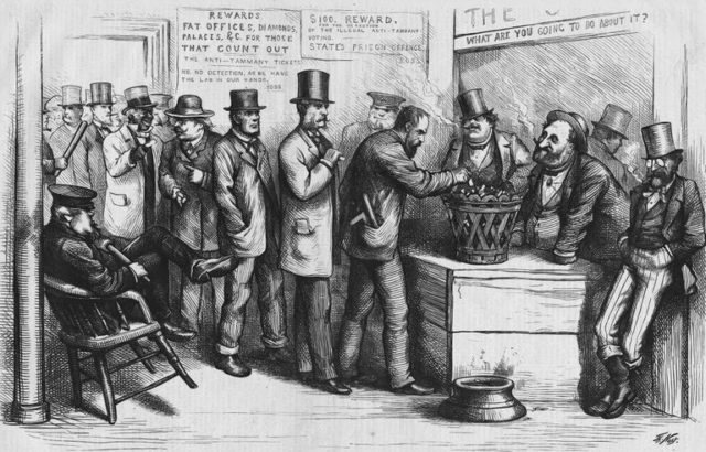 19th century cartoon of a polling place. Only men could vote.