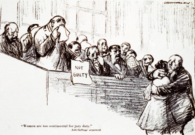 Editorial cartoon: Women are too sentimental for jury duty. - Anti-suffrage argument